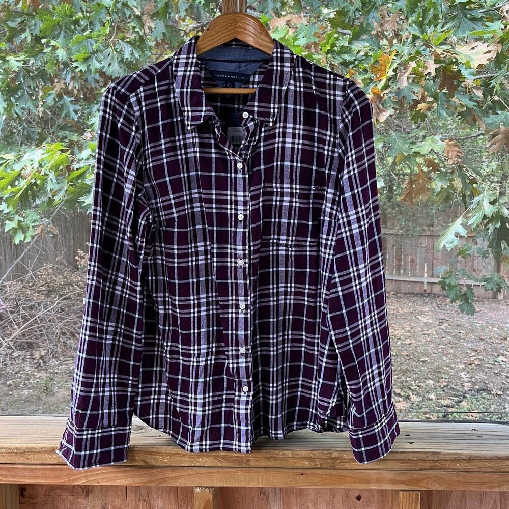 Tommy Hilfiger Women's Purple & White Plaid Flannel Shirt Size L. NEW!